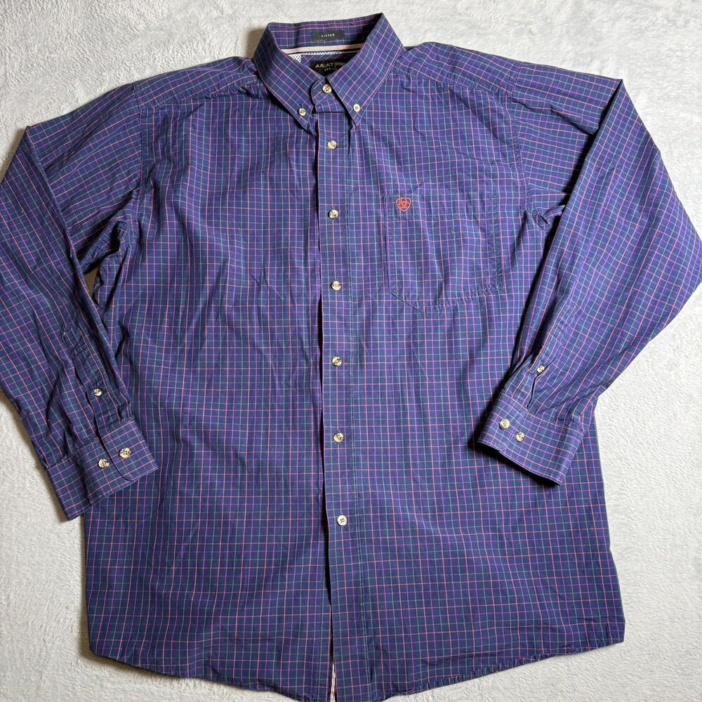 Ariat Pro Series Shirt Mens XL Blue Plaid Long Sleeve Logo Button Up